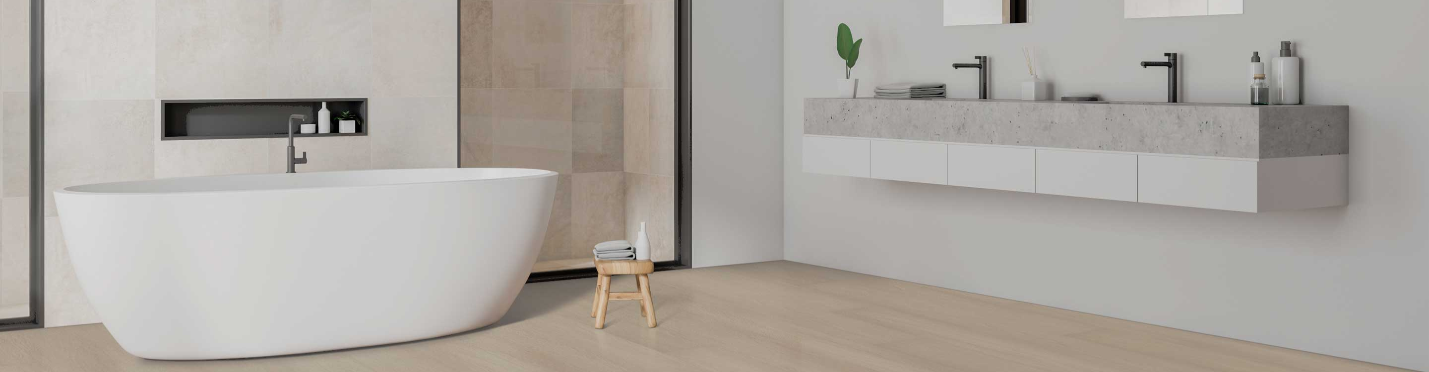 Minimalist bathroom with a freestanding tub, black faucet, walk-in shower with beige tiles, warm lighting, and light wood flooring for a clean, modern design.